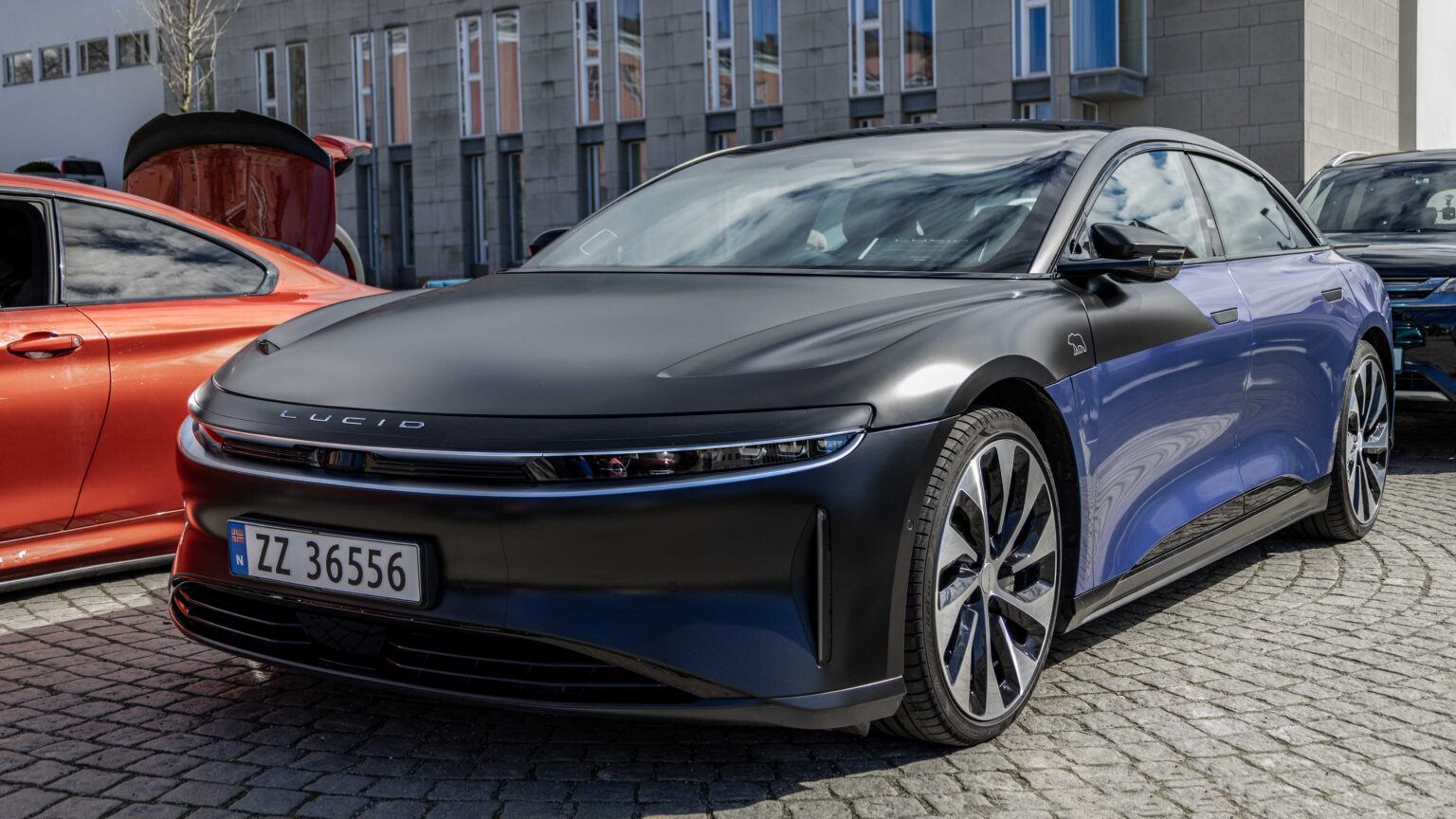 Lucid Air luxury electric sedan in front three-quarter view