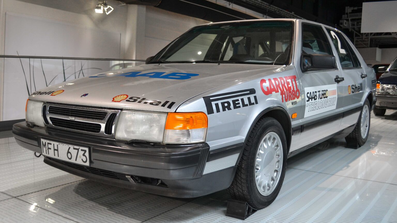 Classic Saab turbo coupe in front three-quarter view